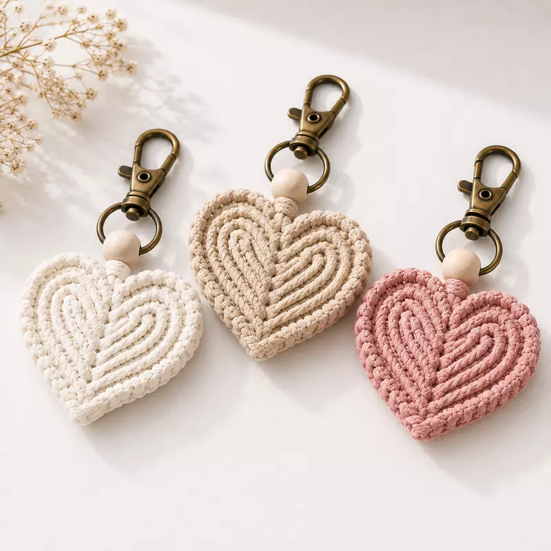 Macrame Heart Keychain — Ivory, Beige & Blush Pink (Set of 3)