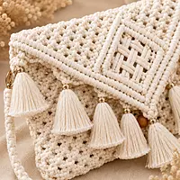 Natural Ivory Macrame Clutch Bag with Gold-Capped Tassel Fringe