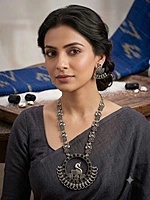 Antique Oxidized Silver Peacock Circular Pendant Necklace Set
