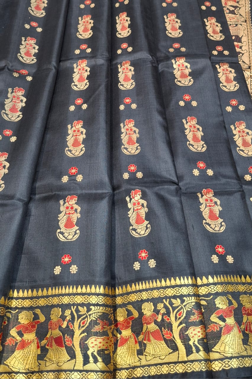 Figure motif Baluchari saree in color Jet black
