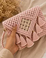 Blush Pink Macrame Clutch with Gold Tassels & Diamond Weave Panel