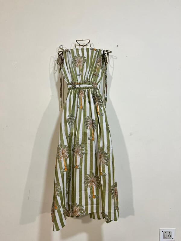 Leher's Sleeve-Less Fit & Flare Dress - White & Green Stripes with Palms