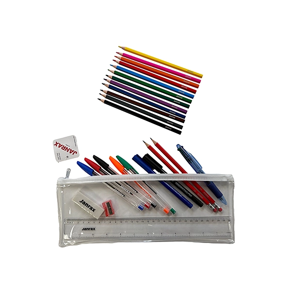 Stationery Filled White Zip 13x5"" Pencil Case with Colouring Pencils