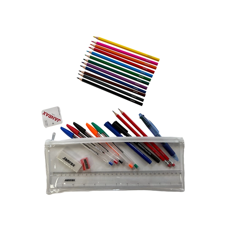 Stationery Filled White Zip 13x5"" Pencil Case with Colouring Pencils
