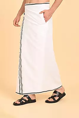 Men’s 100% Cotton Readymade Double-Layer White Veshti with Fancy Border-Dark Green/SS