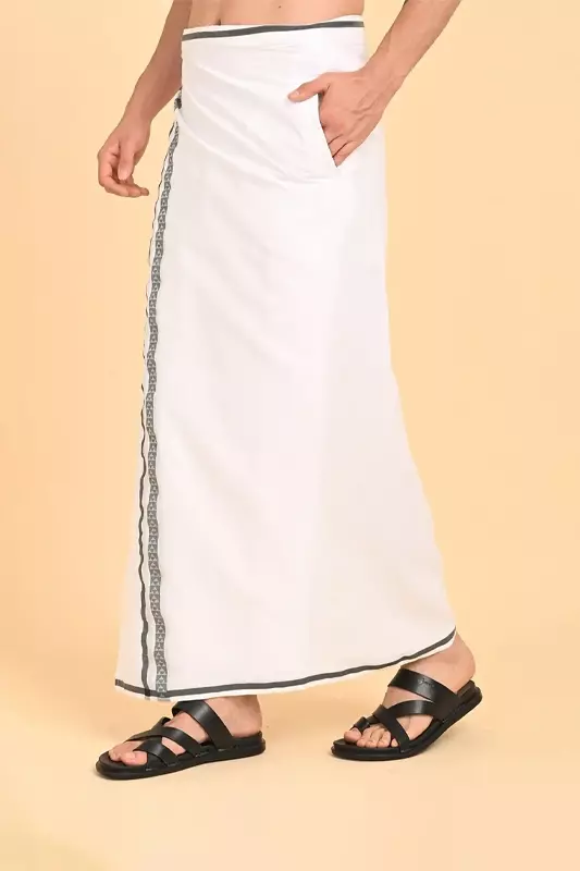 Men’s 100% Cotton Readymade Double-Layer White Veshti with Fancy Border-Dark Green/SS