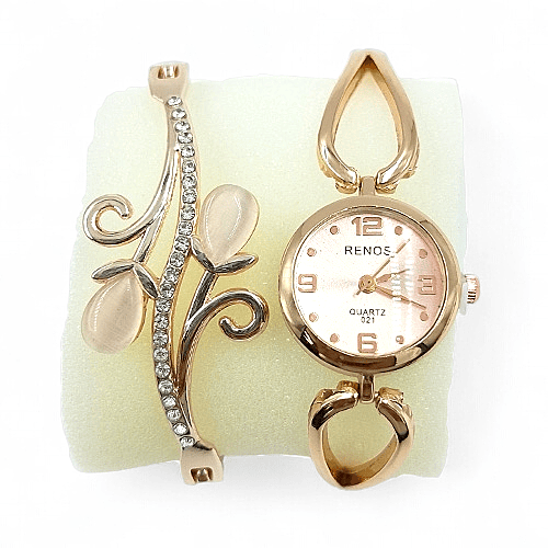 Rose Gold RENOS Watch and Crystal Heart Bangle Gift Set