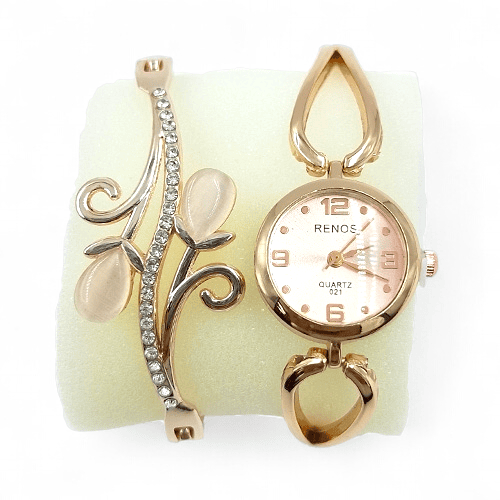 Rose Gold RENOS Watch and Crystal Heart Bangle Gift Set