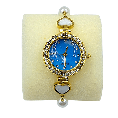Elegant Blue Dial Pearl Bracelet Watch for Women - Gold Tone