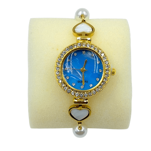 Elegant Blue Dial Pearl Bracelet Watch for Women - Gold Tone
