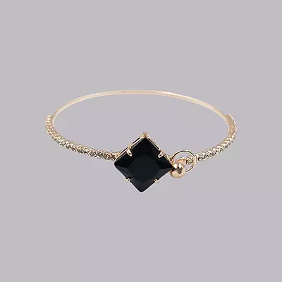 Black Square Stone & Diamond Studded Gold-Toned Bangle Bracelet | Adjustable Fashion Jewelry