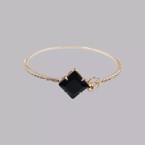 Black Square Stone & Diamond Studded Gold-Toned Bangle Bracelet | Adjustable Fashion Jewelry