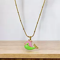 Anti-Tarnish Gold Snake Chain with Pink & Green Enamel Puffer Fish Pendant