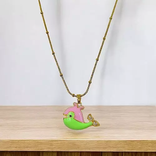 Anti-Tarnish Gold Snake Chain with Pink & Green Enamel Puffer Fish Pendant