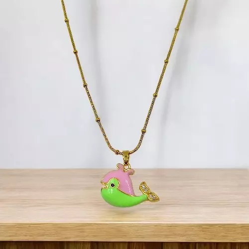 Anti-Tarnish Gold Snake Chain with Pink & Green Enamel Puffer Fish Pendant