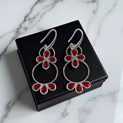 Stunning Red and Silver Hoop Earrings | Dangle Drop Earrings