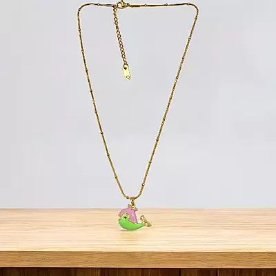 Anti-Tarnish Gold Snake Chain with Pink & Green Enamel Puffer Fish Pendant