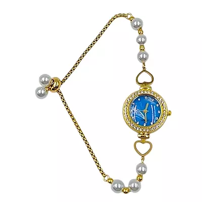 Elegant Blue Dial Pearl Bracelet Watch for Women - Gold Tone