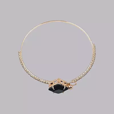 Black Square Stone & Diamond Studded Gold-Toned Bangle Bracelet | Adjustable Fashion Jewelry