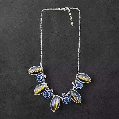 Protective Evil Eye Pendant Dark Blue Necklace - Dichroic Glass Good Luck Charm