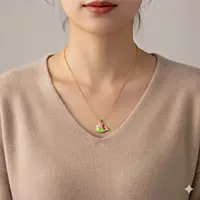 Anti-Tarnish Gold Snake Chain with Pink & Green Enamel Puffer Fish Pendant