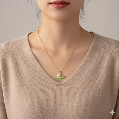 Anti-Tarnish Gold Snake Chain with Pink & Green Enamel Puffer Fish Pendant