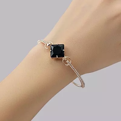 Black Square Stone & Diamond Studded Gold-Toned Bangle Bracelet | Adjustable Fashion Jewelry