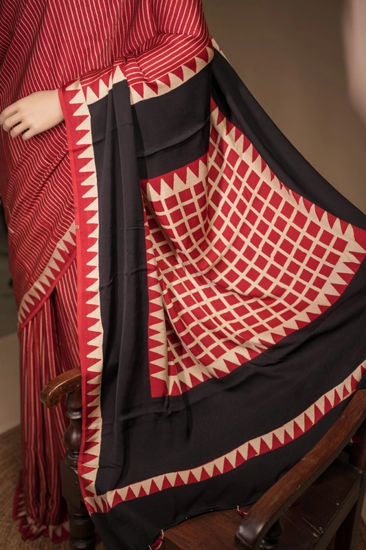 Modal ajrakh silk - maroon saree with cream vertical lines and polka dots blouse