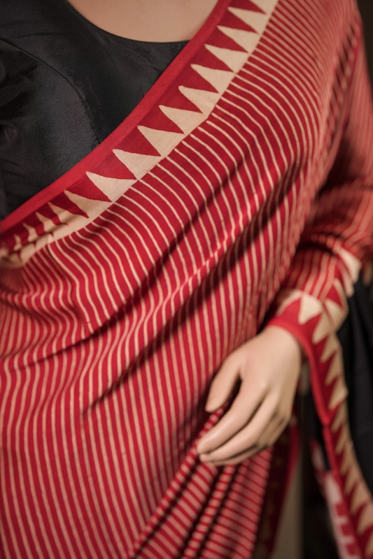 Modal ajrakh silk - maroon saree with cream vertical lines and polka dots blouse