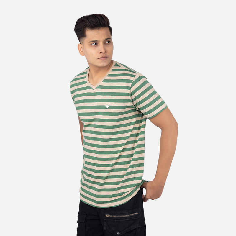 Men Pine Green Bengal Stripe V - Neck T-shirt