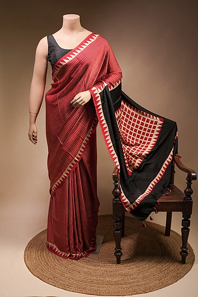 Modal ajrakh silk - maroon saree with cream vertical lines and polka dots blouse