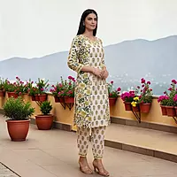 Cotton Salwar Suit Set, Floral Print, Yellow and Green, V-Neck Kurta with Dupatta