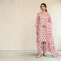 Cotton Salwar Suit Set with Floral Print and Dupatta | 3-Piece Set, Patiyala Style