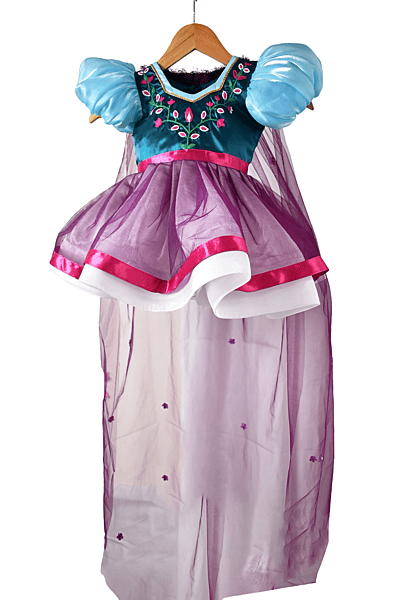 Teal Blue & Plum Embroidered Puff Sleeve Dress