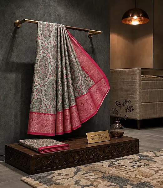 Grey & Pink Paisley Silk Saree with Rich Zari Pallu