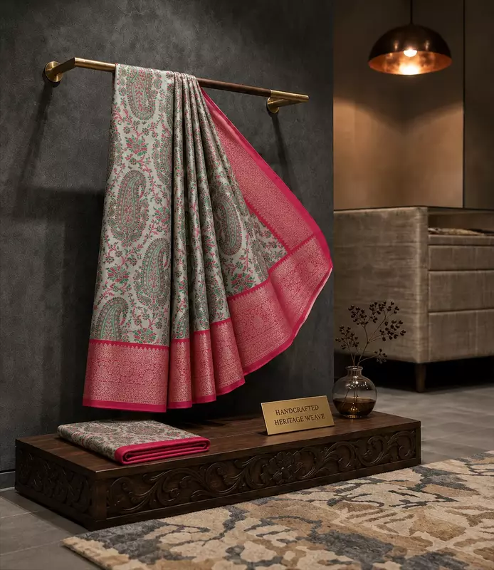 Grey & Pink Paisley Silk Saree with Rich Zari Pallu