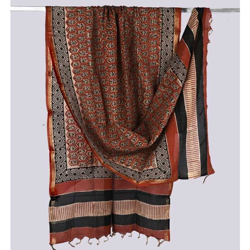 Cotton Block Print Dupatta Zari Border #6