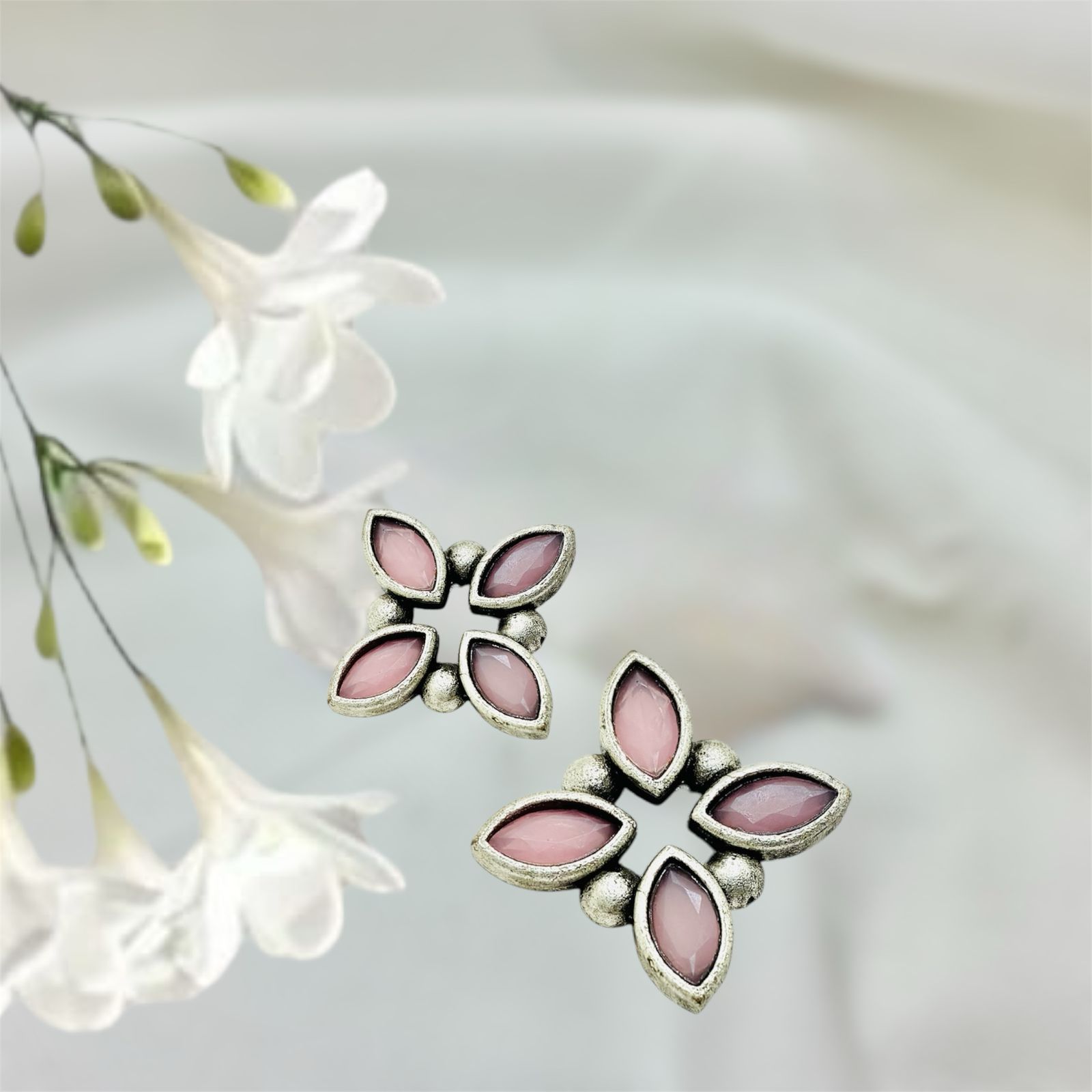 Silver plated Brass Earrings (Baby Pink) #6