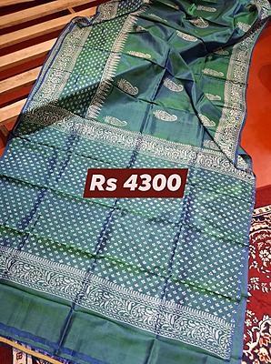 Blue Green Dual Tone Hand Block Print Pure Katan Silk