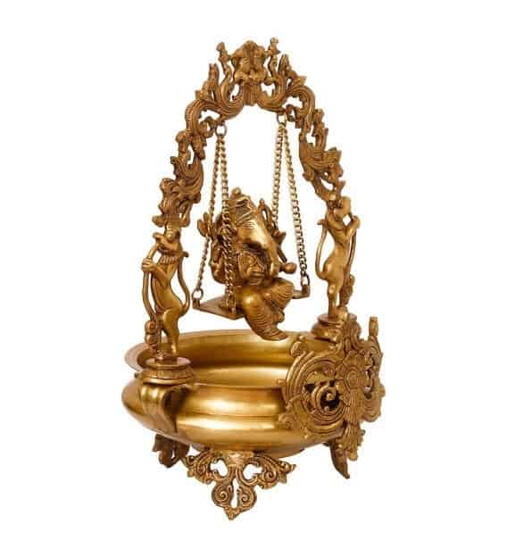 Brass Lord Ganesha on Swing Urli - 20.9 inch Height | Divine Decor Centerpiece