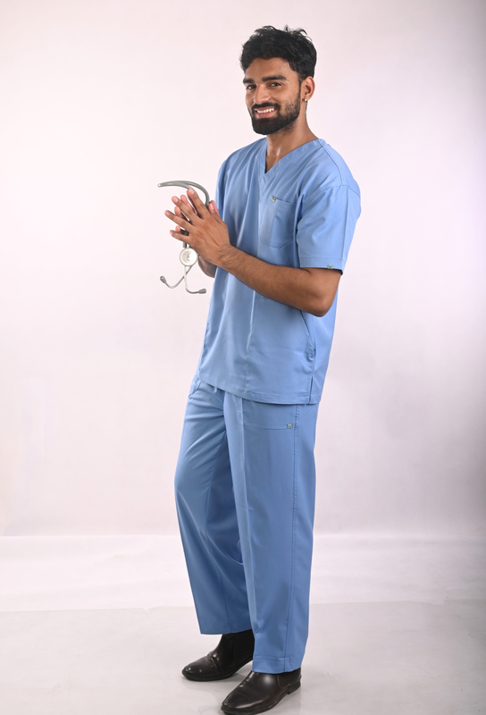 Ksvi Antibacterial Male V-Neck Scrub Shirt Pant (Ceil Blue )