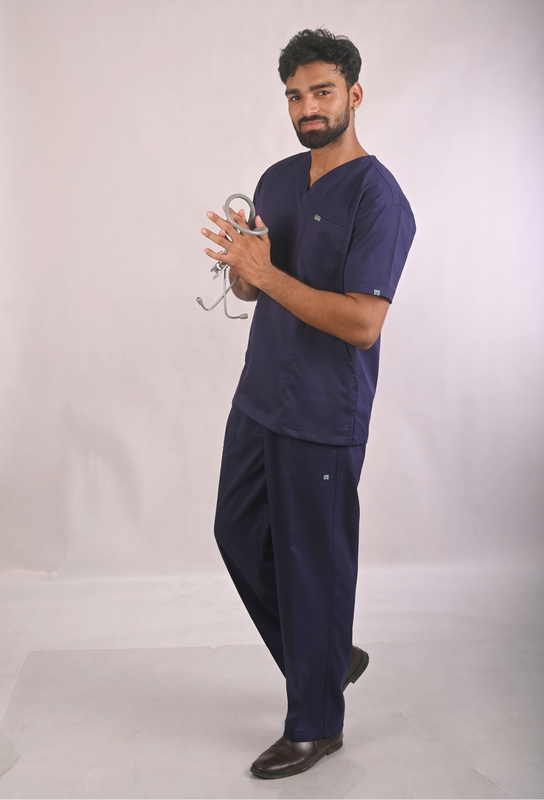 Ksvi Antibacterial Male V-Neck 2 Way Strech Scrub Shirt Pant (Navy)