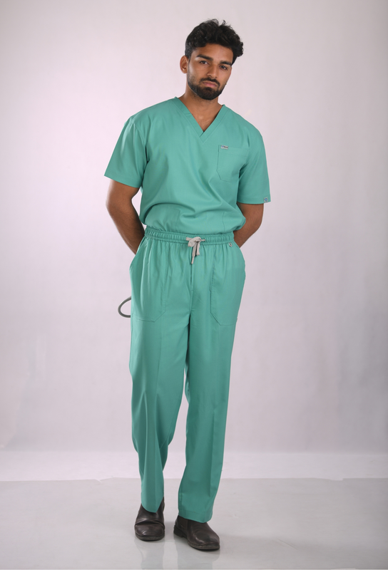 Ksvi Antibacterial Male V-Neck 2 Way Strech Scrub Shirt Pant (Sea Green)