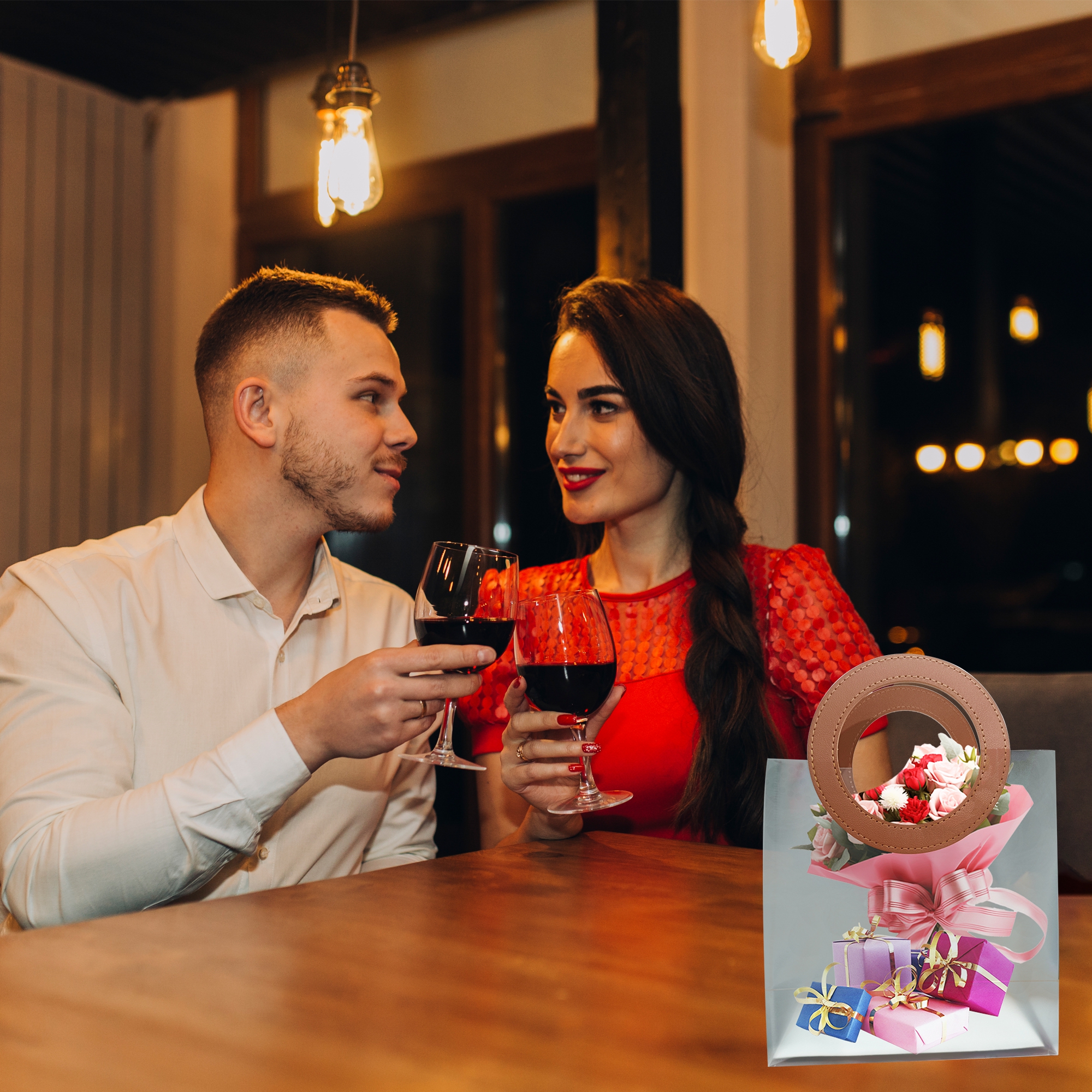 6 Pcs Small-Goodie Bags Transparent Bag with Round Handle Gift Bags for Presents, Hamper Bags, Shopping Bags for Valentine Gifting Bag