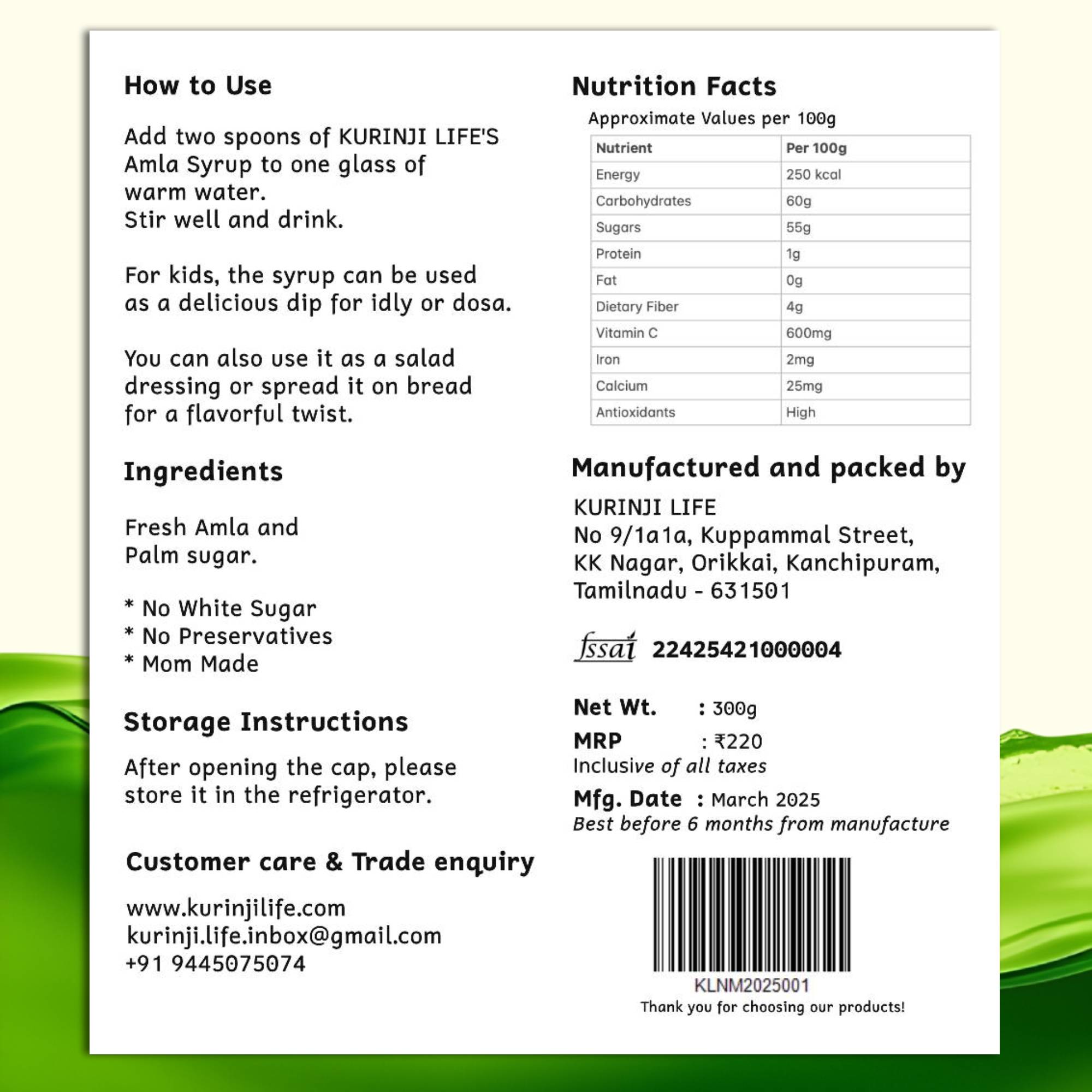 Kurinji Life Amla Syrup (Nellikai Manappagu) 200 Gm