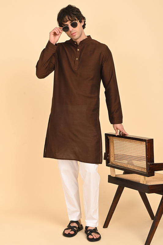 Men Ethnic Embroidered Long Kurta - Brown