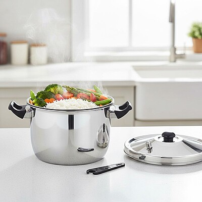 Express Stainless Steel Manual Rice Cooker with Steamer Basket Cooks up to