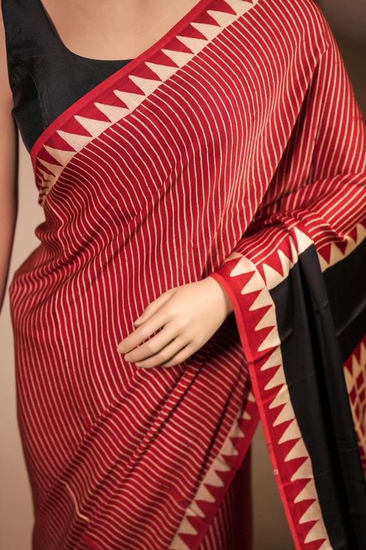 Modal ajrakh silk - maroon saree with cream vertical lines and polka dots blouse