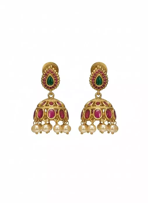 Emerald Ruby Jhumka Pearl Drop Earrings