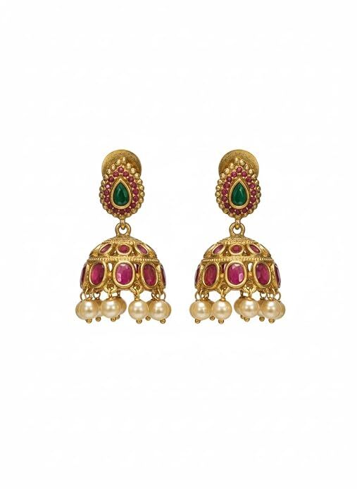 Emerald Ruby Jhumka Pearl Drop Earrings